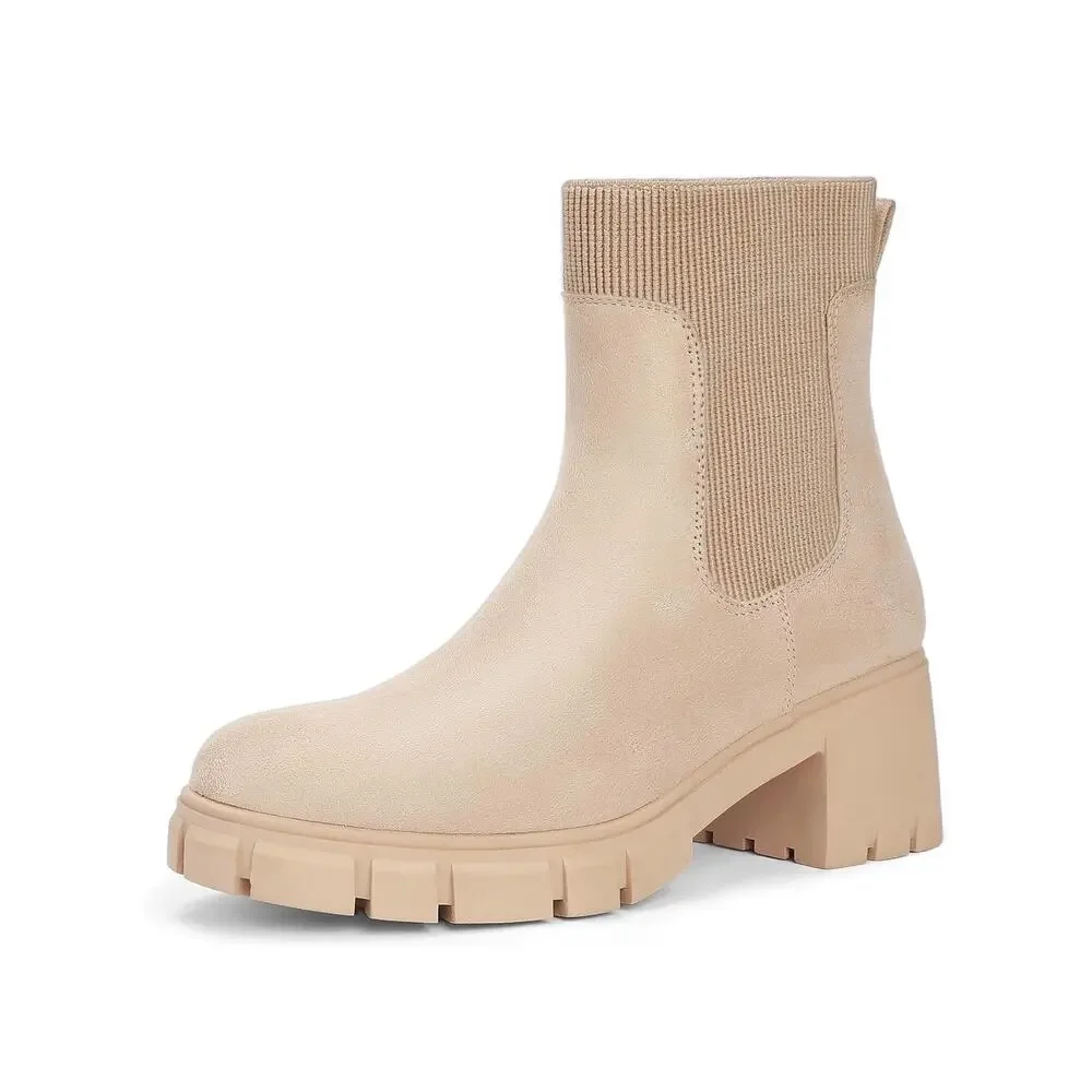 IDIFU Women's Nude Chelsea Slip On Platform Ankle Boots with Chunky Block Heel